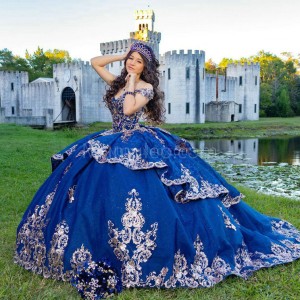 Navy Blue Off Shoulder Quinceanera Dress Metallic Sequin Sweetheart Neck 15 Dresses