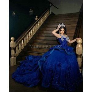 Navy Blue Quinceanera Dress Sweetheart Neck Off Shoulder 15 Dresses With Bow