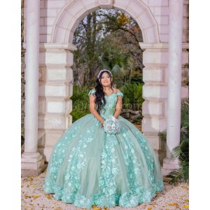 Off Shoulder Aqua Quinceanera Dress Sweetheart Neck 15 Dresses With 3D Flowers