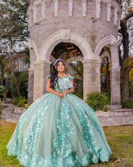 Off Shoulder Aqua Quinceanera Dress Sweetheart Neck 15 Dresses With 3D Flowers