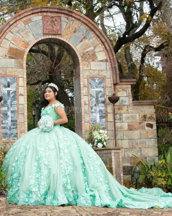 Off Shoulder Aqua Quinceanera Dress Sweetheart Neck 15 Dresses With 3D Flowers