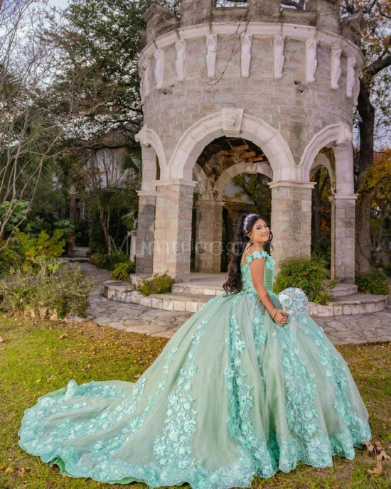 Off Shoulder Aqua Quinceanera Dress Sweetheart Neck 15 Dresses With 3D Flowers