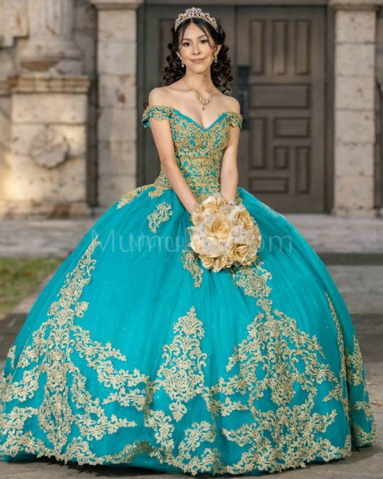 Off Shoulder Aqua Quinceanera Dress V Neck Lace Appliques 15 Dresses