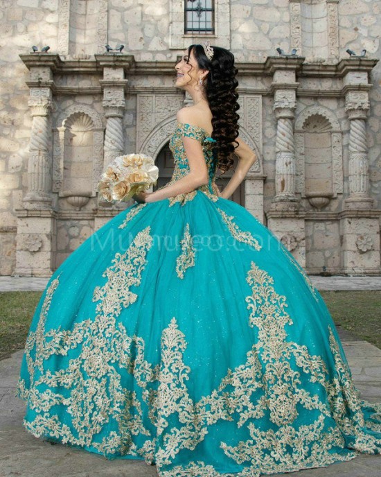 Off Shoulder Aqua Quinceanera Dress V Neck Lace Appliques 15 Dresses