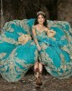 Off Shoulder Aqua Quinceanera Dress V Neck Lace Appliques 15 Dresses