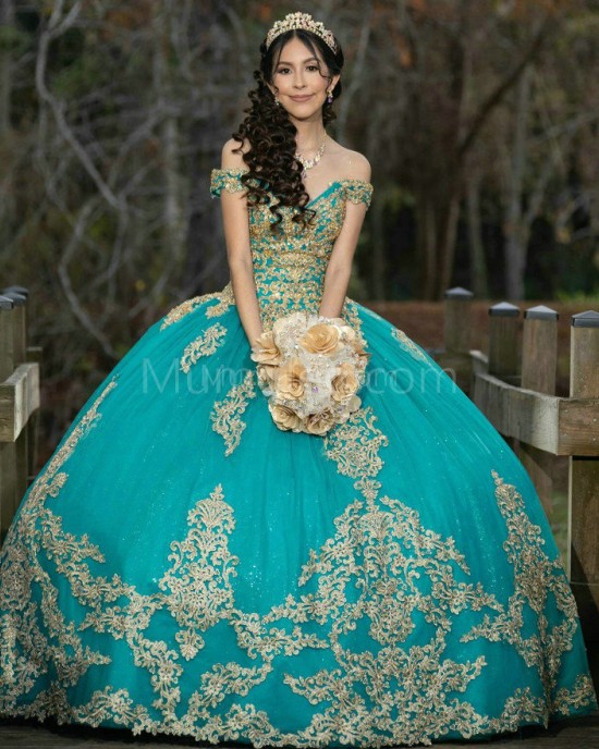 Off Shoulder Aqua Quinceanera Dress V Neck Lace Appliques 15 Dresses