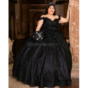 Off Shoulder Black Quinceanera Dress Sweetheart Neck Metallic Sequin 15 Dresses