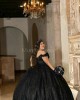 Off Shoulder Black Quinceanera Dress Sweetheart Neck Metallic Sequin 15 Dresses