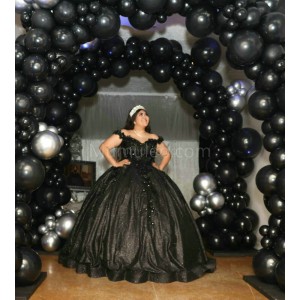 Off Shoulder Black Quinceanera Dress Sweetheart Neck Metallic Sequin 15 Dresses