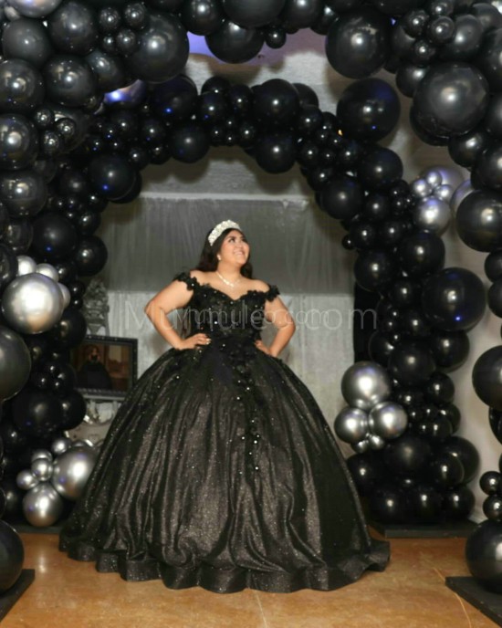 Off Shoulder Black Quinceanera Dress Sweetheart Neck Metallic Sequin 15 Dresses