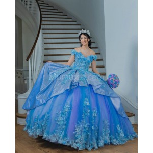 Off Shoulder Blue Quinceanera Dress Lace Appliques Sweetheart Neck 15 Dresses