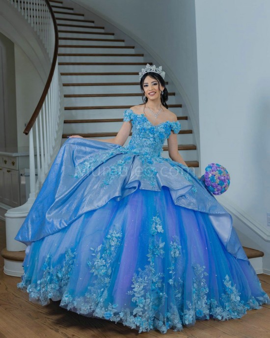 Off Shoulder Blue Quinceanera Dress Lace Appliques Sweetheart Neck 15 Dresses