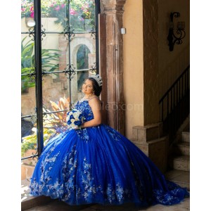 Off Shoulder Blue Quinceanera Dress Sweetheart Neck 15 Dresses With 3D Flowers