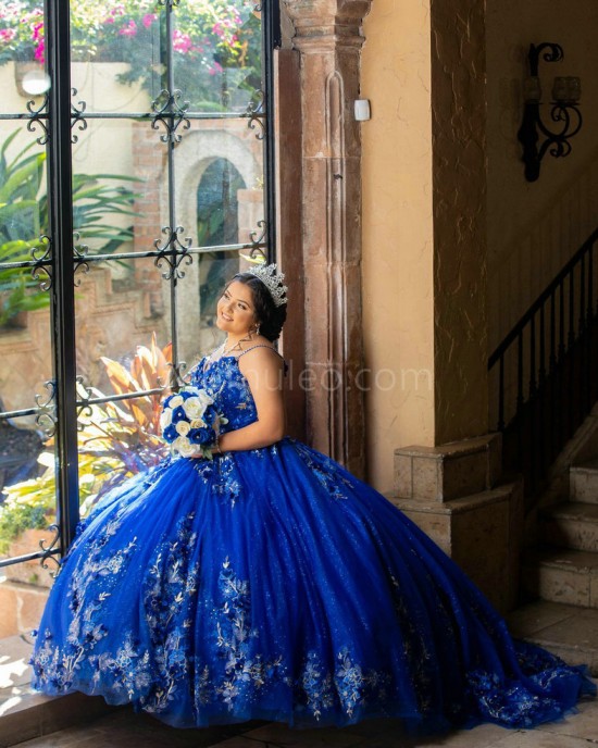 Off Shoulder Blue Quinceanera Dress Sweetheart Neck 15 Dresses With 3D Flowers