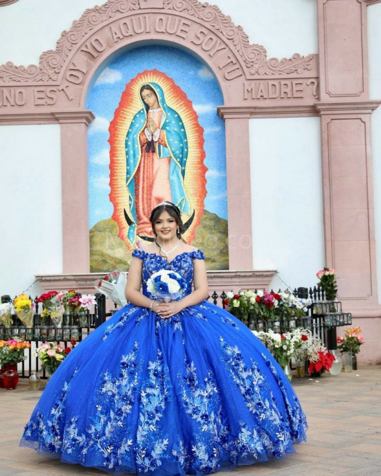 Off Shoulder Blue Quinceanera Dress Sweetheart Neck 15 Dresses With 3D Flowers