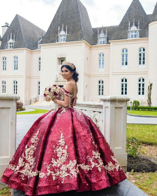 Off Shoulder Burgundy Quince Dresses Lace Appliques Sweetheart Neck 15 Dress