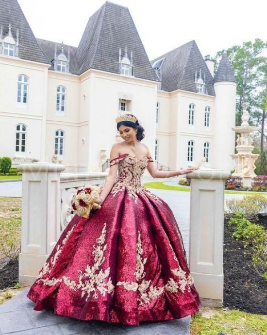 Off Shoulder Burgundy Quince Dresses Lace Appliques Sweetheart Neck 15 Dress