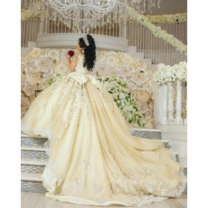 Off Shoulder Champagne Quinceanera Dress Lace Appliques V Neck 15 Dresses With Bow