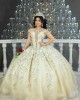 Off Shoulder Champagne Quinceanera Dress Lace Appliques V Neck 15 Dresses With Bow