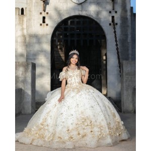 Off Shoulder Champagne Quinceanera Dress Metallic Sequin 15 Dresses With 3D Flower