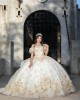 Off Shoulder Champagne Quinceanera Dress Metallic Sequin 15 Dresses With 3D Flower