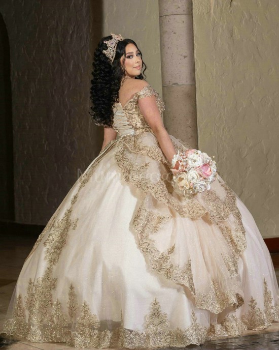 Off Shoulder Champagne Quinceanera Dress Sweetheart Neck 15 Dresses