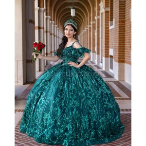 Off Shoulder Emerald Green Quince Dresses Metallic Sequin Sweetheart Neck 15 Dress