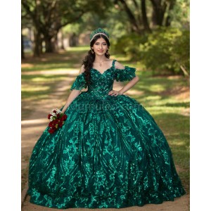 Off Shoulder Emerald Green Quince Dresses Metallic Sequin Sweetheart Neck 15 Dress