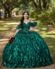 Off Shoulder Emerald Green Quince Dresses Metallic Sequin Sweetheart Neck 15 Dress