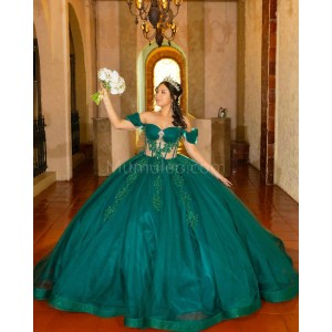 Off Shoulder Emerald Green Quinceanera Dress Sweetheart Neck Lace Appliques 15 Dresses