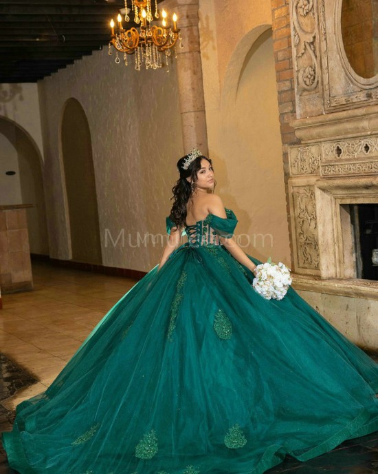 Off Shoulder Emerald Green Quinceanera Dress Sweetheart Neck Lace Appliques 15 Dresses