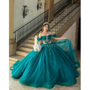 Off Shoulder Emerald Green Quinceanera Dress Sweetheart Neck Lace Appliques 15 Dresses