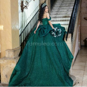 Off Shoulder Emerald Green Quinceanera Dress Sweetheart Neck Metallic Sequin 15 Dresses With Bow