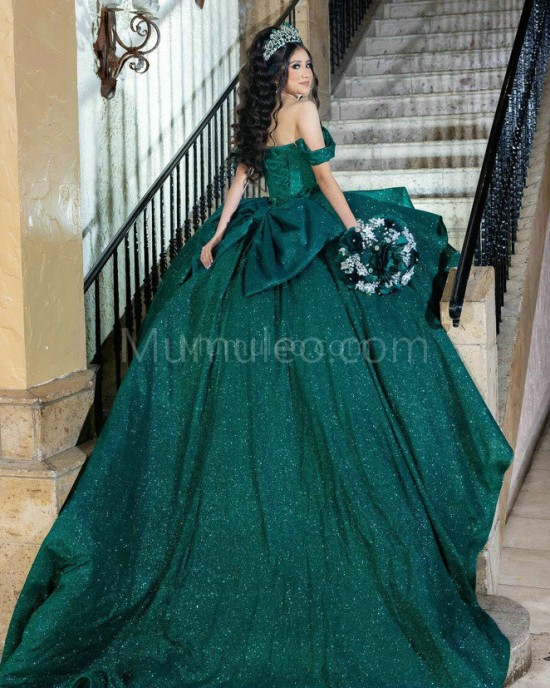 Off Shoulder Emerald Green Quinceanera Dress Sweetheart Neck Metallic Sequin 15 Dresses With Bow