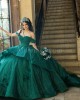 Off Shoulder Emerald Green Quinceanera Dress Sweetheart Neck Metallic Sequin 15 Dresses With Bow