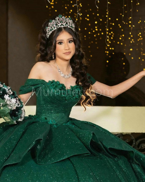 Off Shoulder Emerald Green Quinceanera Dress Sweetheart Neck Metallic Sequin 15 Dresses With Bow