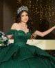 Off Shoulder Emerald Green Quinceanera Dress Sweetheart Neck Metallic Sequin 15 Dresses With Bow