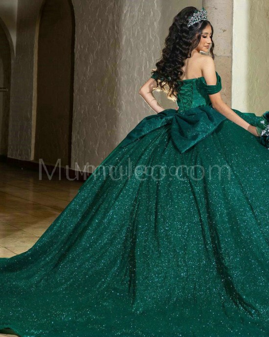 Off Shoulder Emerald Green Quinceanera Dress Sweetheart Neck Metallic Sequin 15 Dresses With Bow