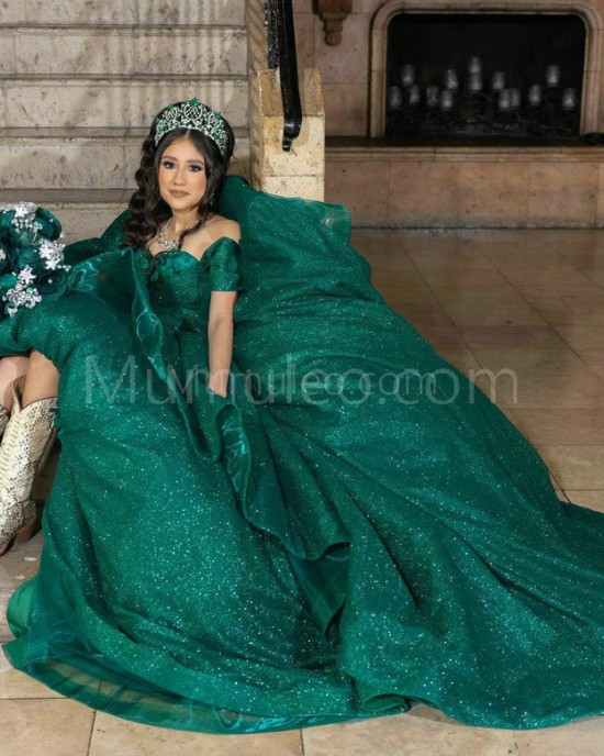 Off Shoulder Emerald Green Quinceanera Dress Sweetheart Neck Metallic Sequin 15 Dresses With Bow