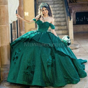 Off Shoulder Emerald Green Quinceanera Dress Sweetheart Neck Metallic Sequin 15 Dresses With Bow