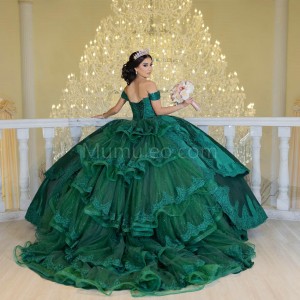 Off Shoulder Emerald Green Quinceanera Dressee Lace Appliques Sweetheart Neck 15 Dress