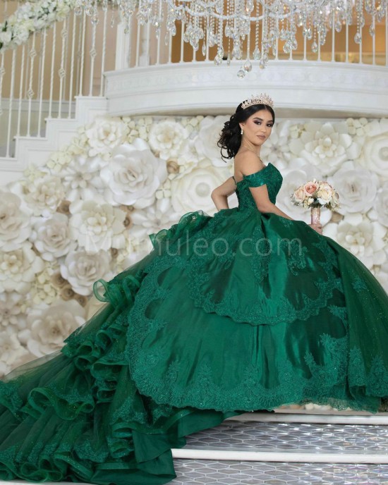 Off Shoulder Emerald Green Quinceanera Dressee Lace Appliques Sweetheart Neck 15 Dress