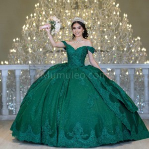 Off Shoulder Emerald Green Quinceanera Dressee Lace Appliques Sweetheart Neck 15 Dress