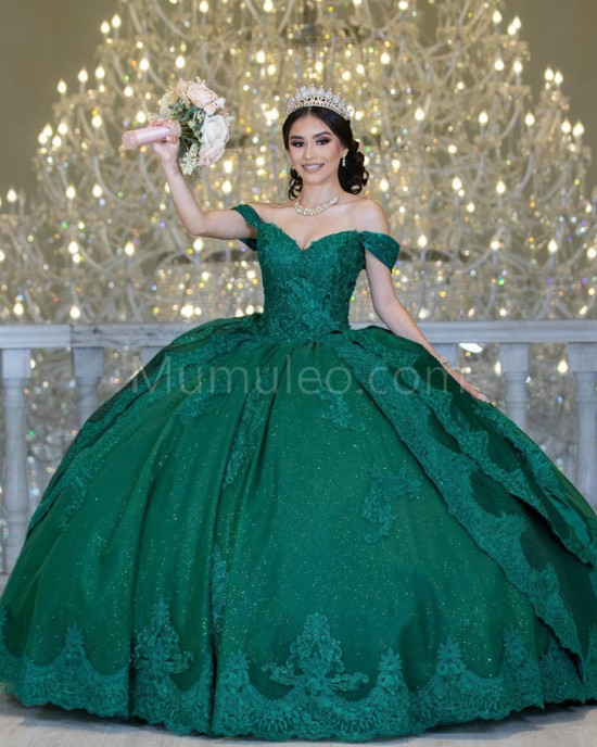 Off Shoulder Emerald Green Quinceanera Dressee Lace Appliques Sweetheart Neck 15 Dress