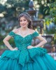 Off Shoulder Emerald Green Quinceanera Dresses Sweetheart Neck Lace Appliques 15 Dress