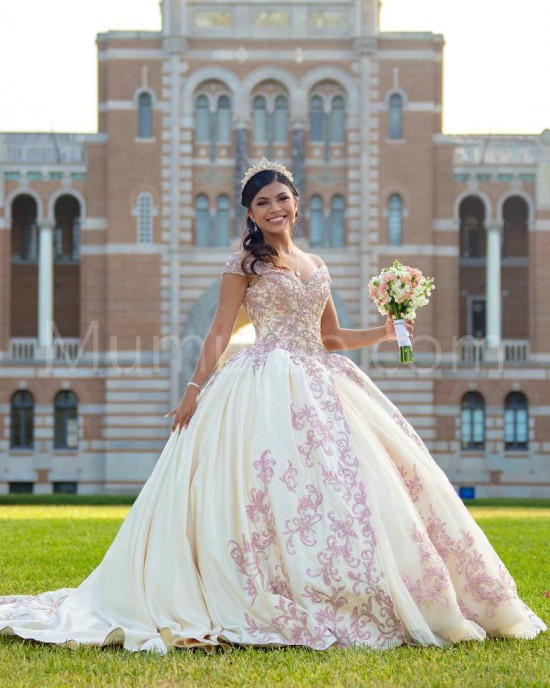 Off Shoulder Ivory Quinceanera Dress Lace Appliques V Neck 15 Dresses