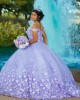 Off Shoulder Lilac Quinceanera Dress 3D Flowers Sweetheart Neck 15 Dresses