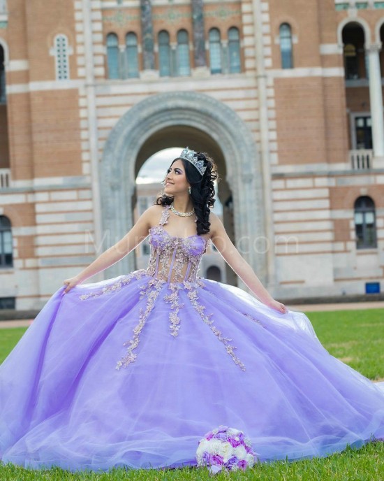 Off Shoulder Lilac Quinceanera Dresses Lace Appliques Sweetheart Neck 15 Dress