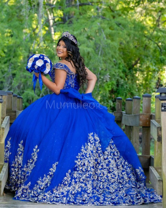 Off Shoulder Navy Blue Quinceanera Dress Lace Appliques Sweetheart Neck 15 Dresses With Bow