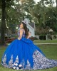 Off Shoulder Navy Blue Quinceanera Dress Lace Appliques Sweetheart Neck 15 Dresses With Bow